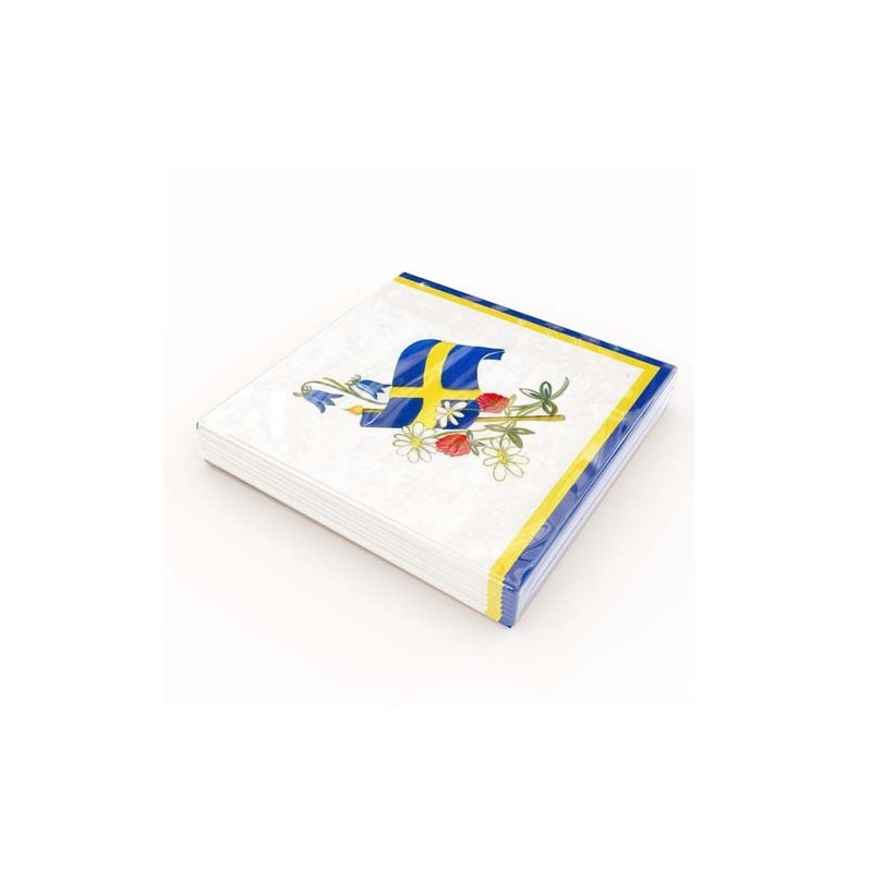 Kaffeservetter Svensk flagga/Blommor 25x25cm 20-pack