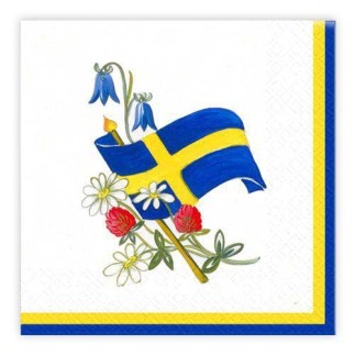 Kaffeservetter Svensk flagga/Blommor 25x25cm 20-pack
