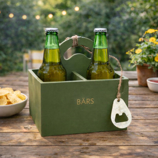 Trälåda Öl 4 fack med öppnare Grön 18 cm